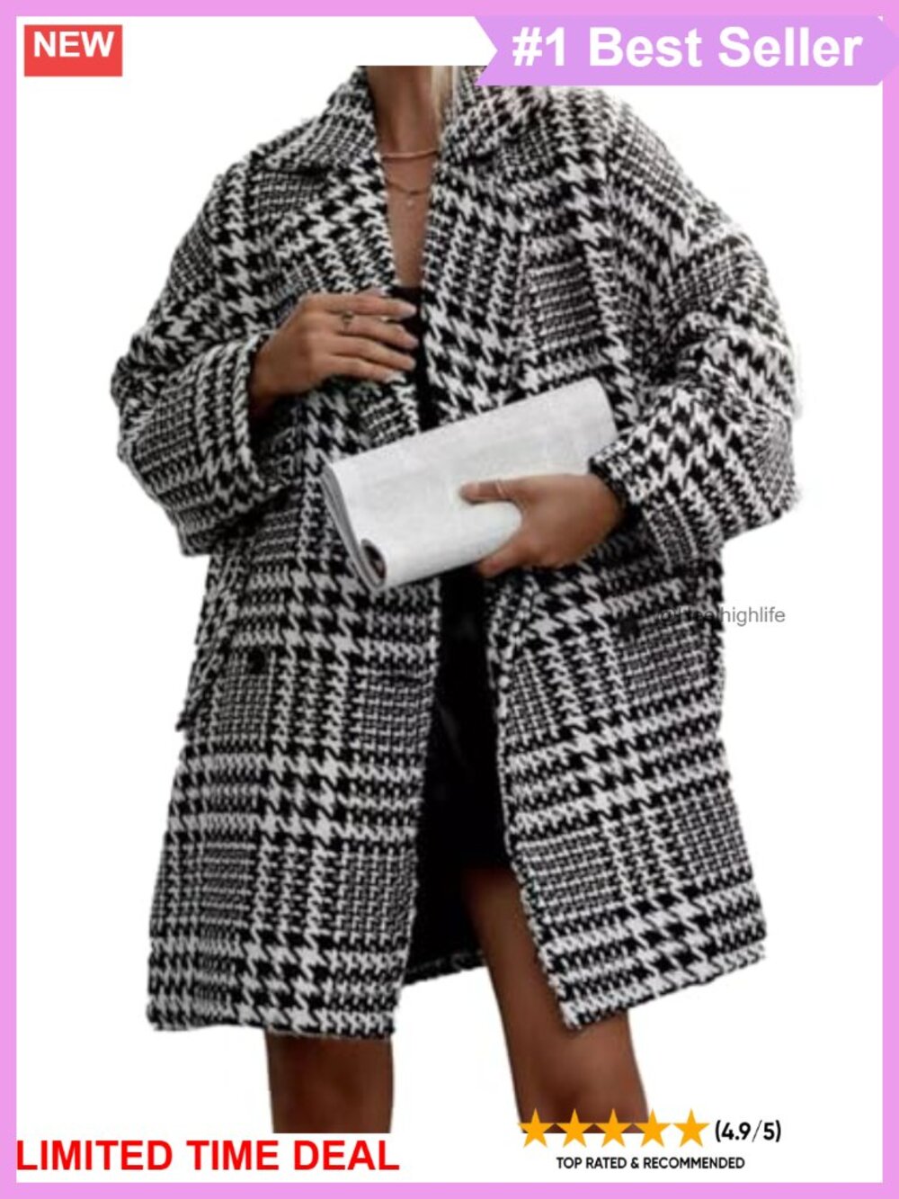 Women's Houndstooth Trench Coat Double Breasted Pea Coat